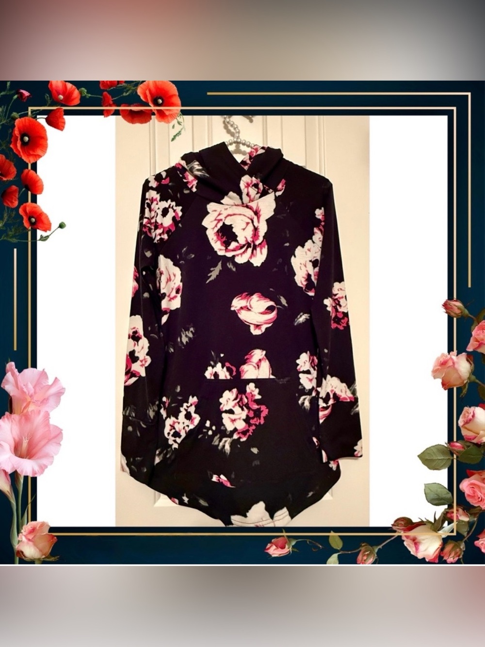 Hoodie - Lularoe Amber hoodie - black pink white floral lightweight XS extra sm